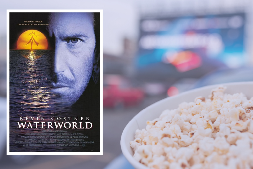 Poster for Waterworld over drive-in background with popcorn