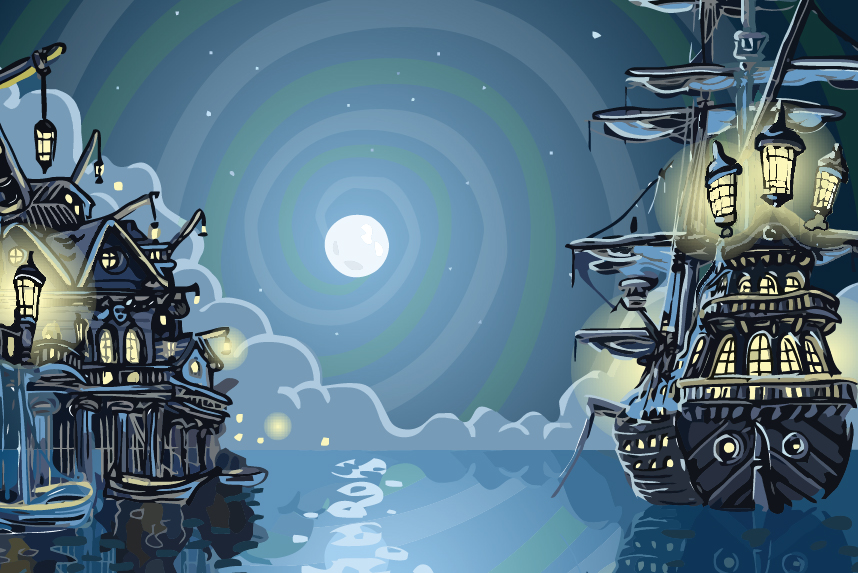 Illustration of pirate ship at night, close to village, with full moon in background