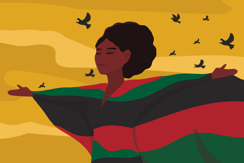 Illustration of woman wearing Pan-African flag blowing in the breeze