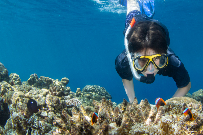 Child snorkeling above coral reef