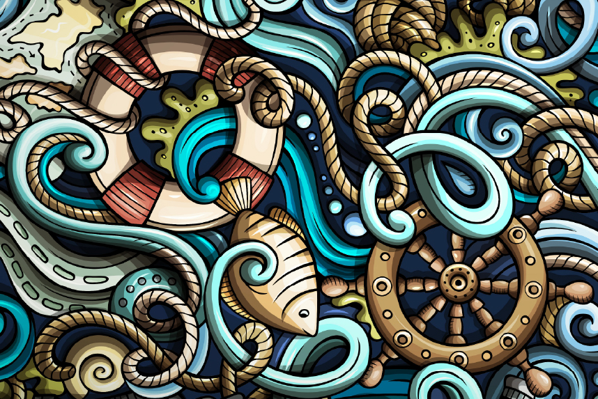 Colorful illustrator of fish, steering helms, waves, rope, and life preservers