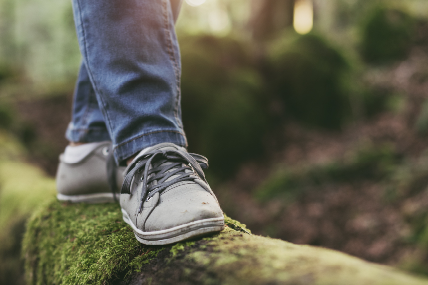 Close up of person's feet as they walk across a fallen tree
