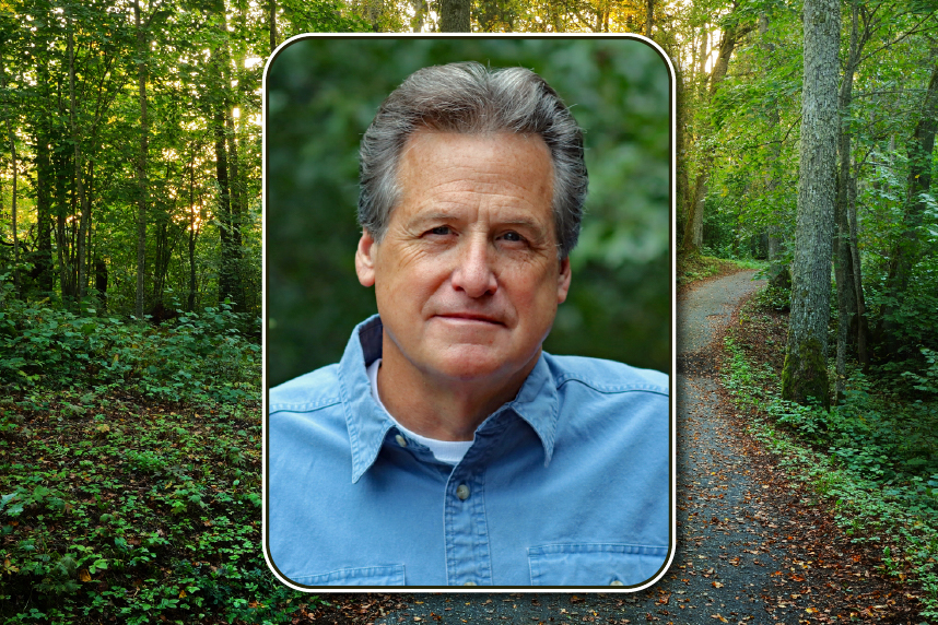 Photo of Mike Lunsford over photo of forest path