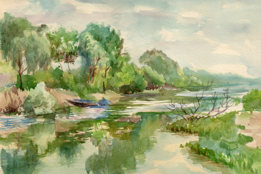 Watercolor landscape on textured canvas