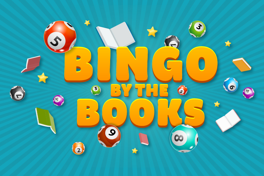 Bingo by the Books logo, bingo balls, and books