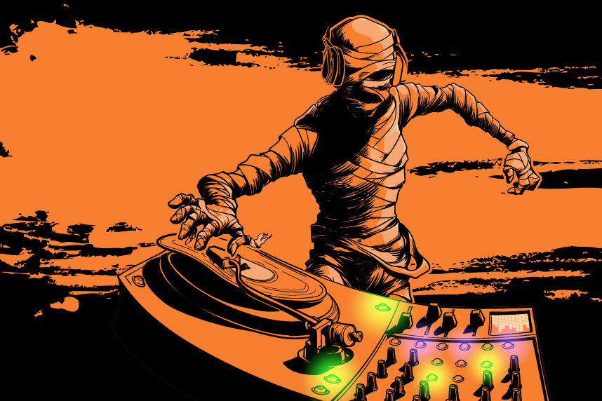 DJ Mummy with turntable on orange and black background