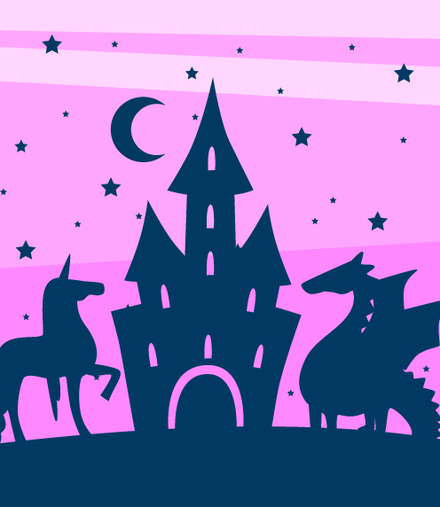 Illustration of castle, unicorn, and dragon in silhouette 