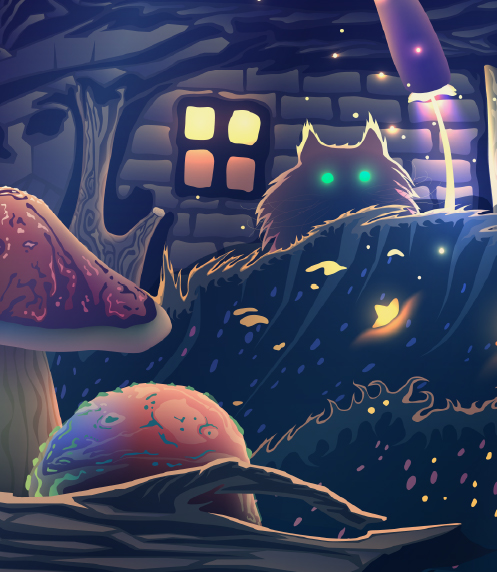 Illustrator of shadowy cat with glowing eyes surrounded by forest, mushrooms, and a cottage