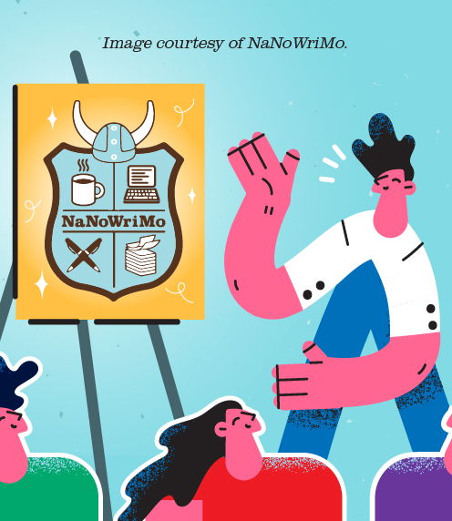 Illustration of person showing off NaNoWriMo logo to others