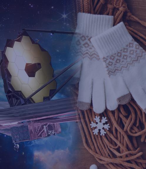 Merged image of James Webb Space Telescope and white winter gloves