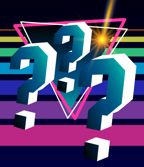 '80s style question marks on a dark background with rainbow stripes