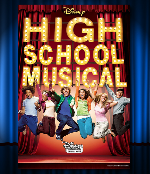 Stars of High School Musical jumping into the air with movie title and theater curtain behind them