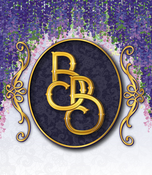 Two elegant letter Bs, overlaid in a cameo-style; wisteria hanging in the background