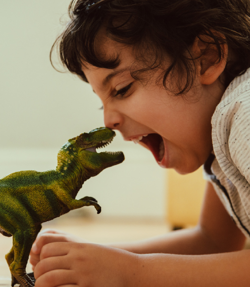 Little boy playing with t-rex toy