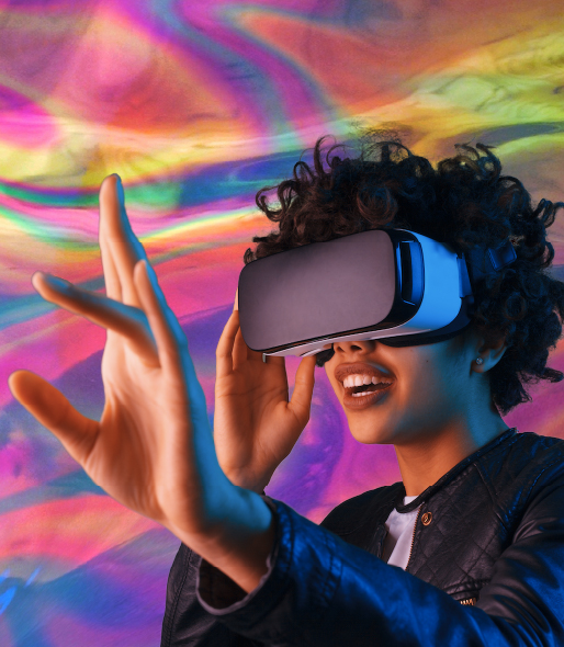 Woman using VR headset with colorful background