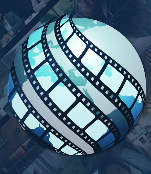 Globe wrapped in film strip with Manhattan SHORT logo