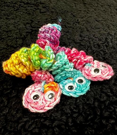 3 crocheted fidget worms