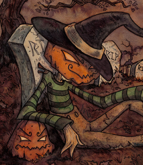 Illustration of scarecrow in a graveyard by Corrine Roberts