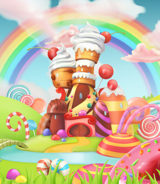 Colorful castle made of candy and cupcakes with a rainbow