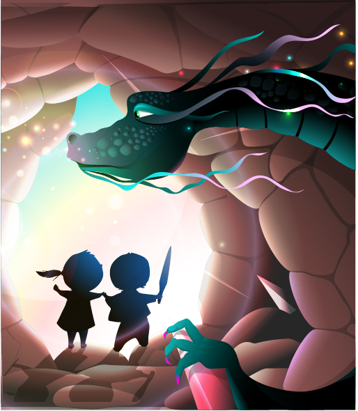 Illustration of two children at the mouth of a cave, a dragon watching from inside