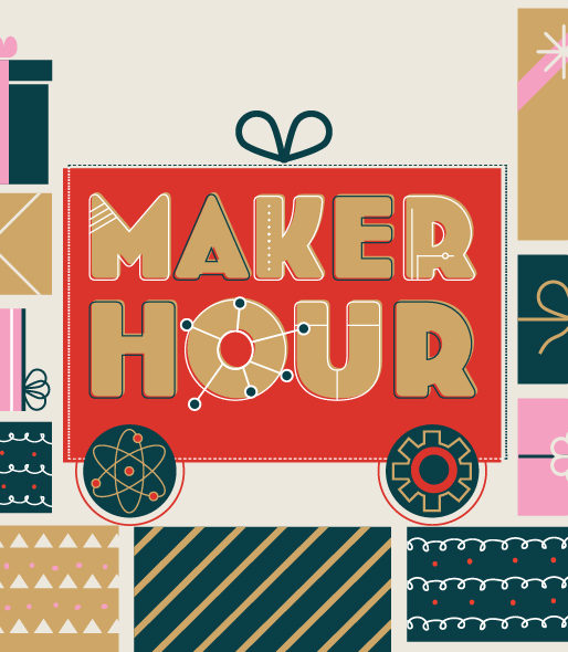 Several Christmas packages with Maker Hour logo