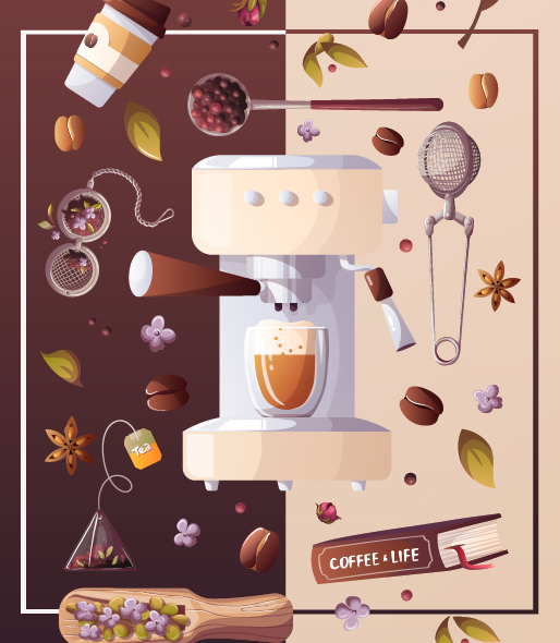 Illustration of espresso machine surrounded by coffee-making paraphernalia