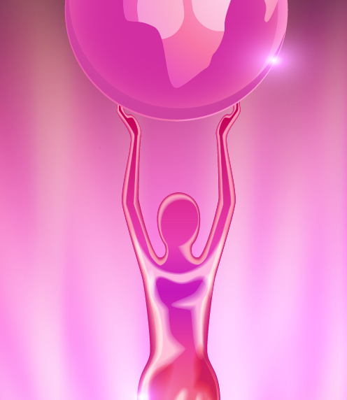 Pink Oscar-inspired statuette against a pink background