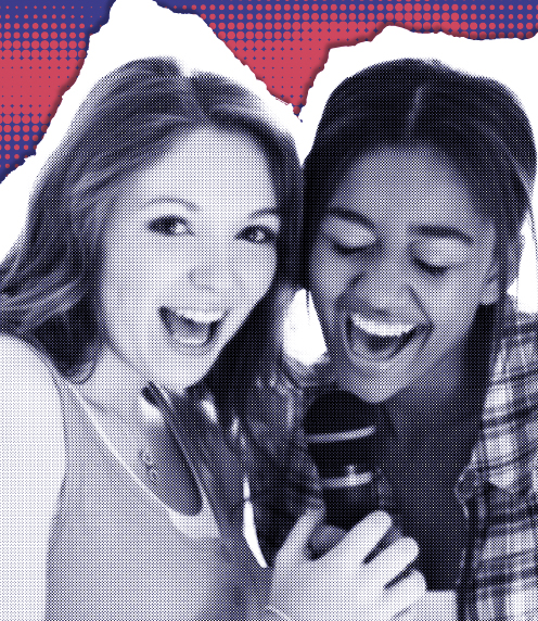 Half-tone image of two teenagers singing into a microphone