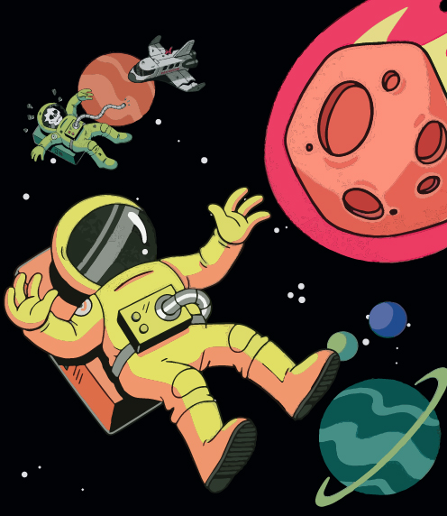 Images from the game Selfish: Space Edition including a yellow astronaut and large meteor