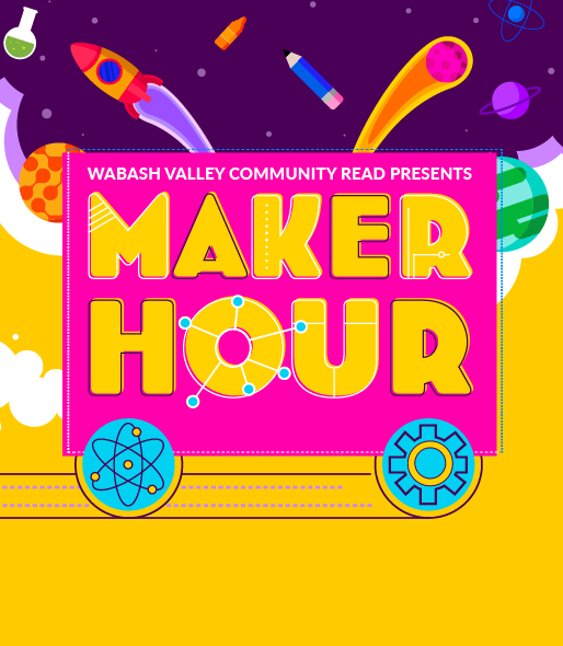 Maker Hour logo with space and science icons in the background