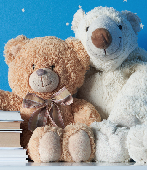 Two teddy bears with stack of books