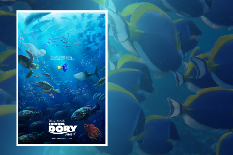 Poster: Finding Dory over background of tang fish