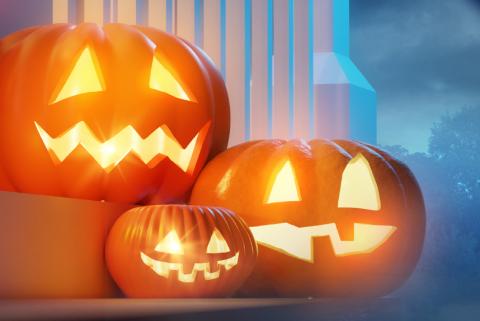 Jack-o-lanterns on a foggy front porch