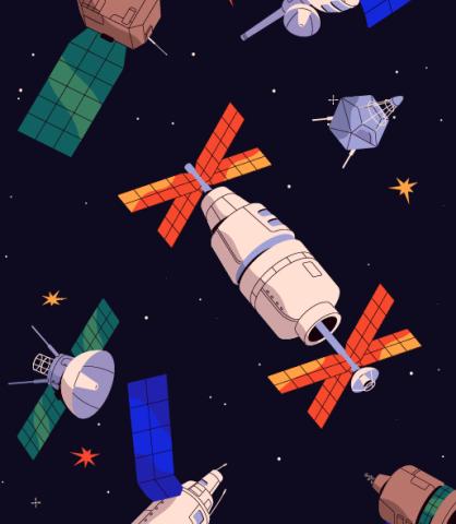 Illustration of various, colorful satellites
