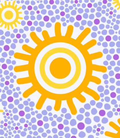 Sun surrounded by dots in various shades of purple 