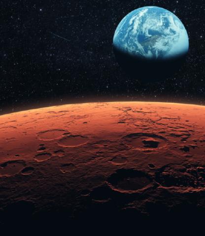 Rendering of Mars Surface with Earth in view