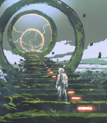 Illustration of astronaut standing on stairway before glowing portal