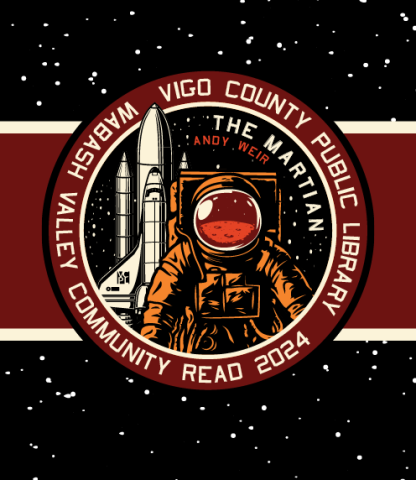 NASA-inspired badge with astronaut and space shuttle; logo for the Wabash Valley Community Read 2024: The Martian