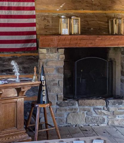 Photo of fireplace inside the Pioneer Village Schoolhouse