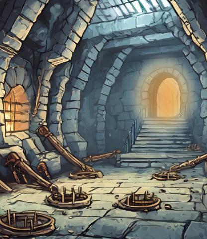Cartoon image of interior of a dungeon with floor traps