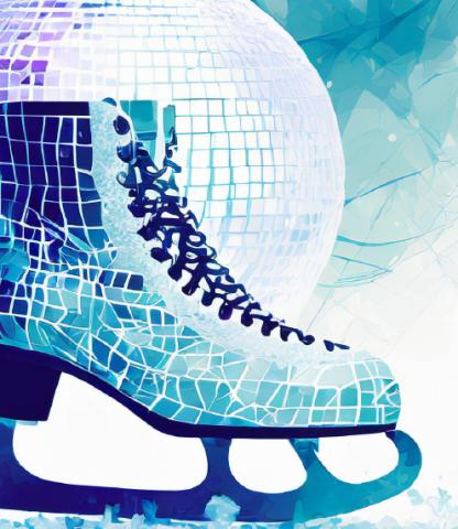 Illustration of ice skate with disco ball in shades of blue