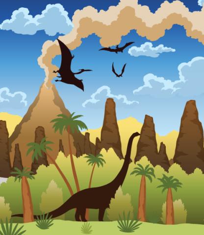 Illustration of dinosaurs on land and flying in Jurassic-inspired landscape