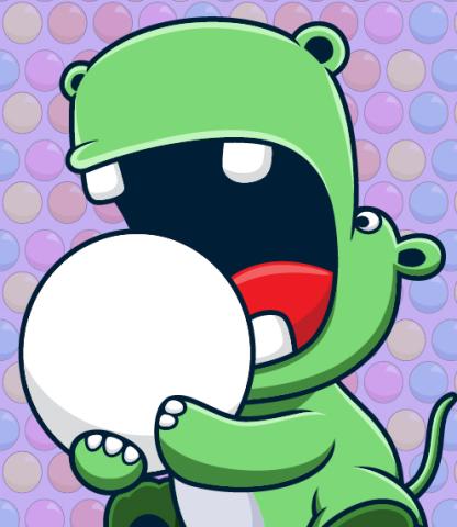 Green cartoon hippo preparing to eat large white ball