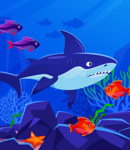 Illustration of shark with various fish and rocky ocean floor