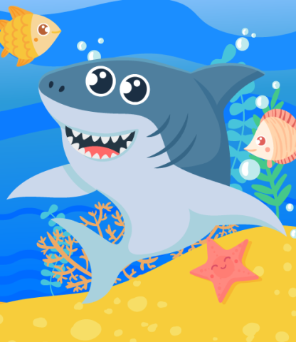 Illustration of cheerful shark with brightly colored sea life and plants