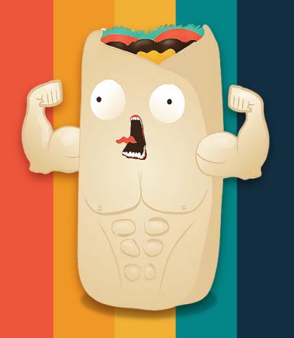Illustration of muscular burrito on rainbow background