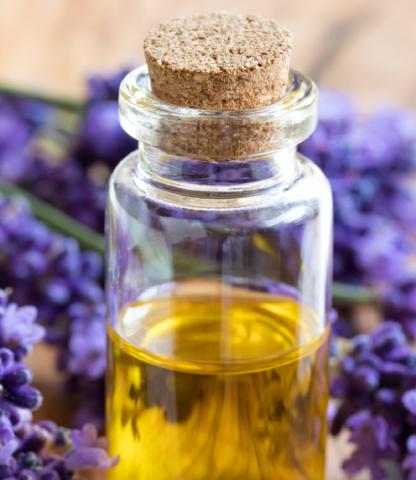 Bottle of essential oil surrounded by lavendar