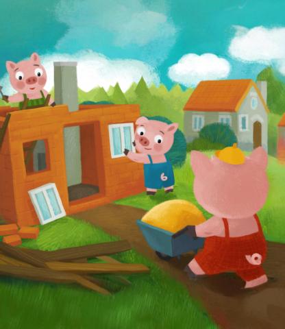 Illustration of three little pigs building a brick house together