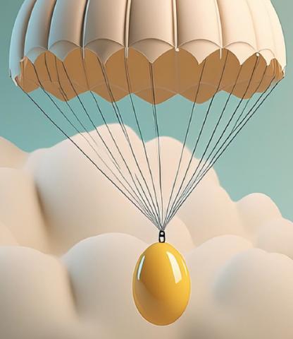 Illustration of yellow egg falling through sky with a parachute