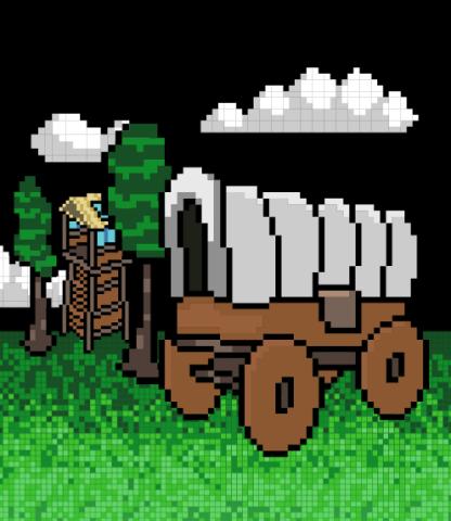 Pixel art covered wagon, fort, trees, and clouds